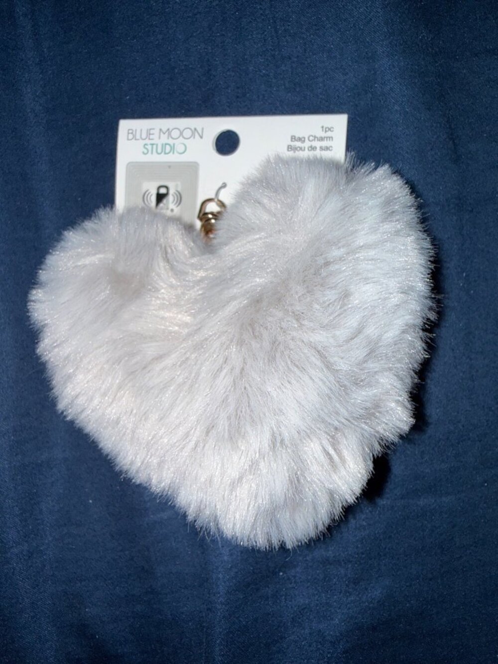 Fluffy Heart-Shaped White Faux Fur Bag Charm With Gold Keyring & Clip By Blue Mo